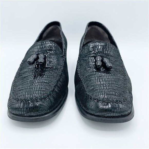 Stuart Weitzman Black Lizard Print Beaded Tassel Chunky Heeled Loafer Sz 8 - Picture 3 of 12